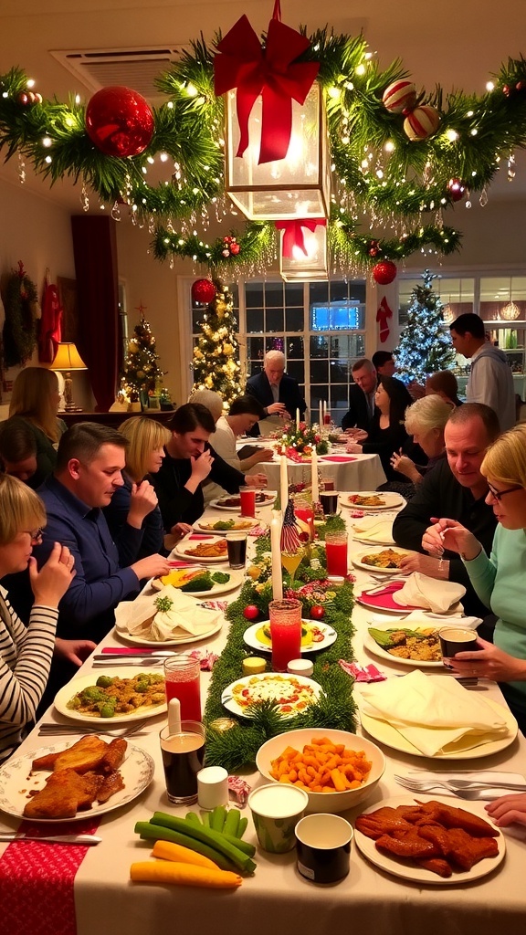 A beautifully set Christmas dinner table with decorations and guests enjoying festive activities.